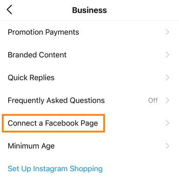 The "connect a facebook to your instagram business account" button on the Business tab in your Instagram app